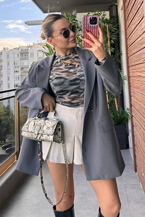 Mourosa Oversize Blazer Ceket - Koyu Gri