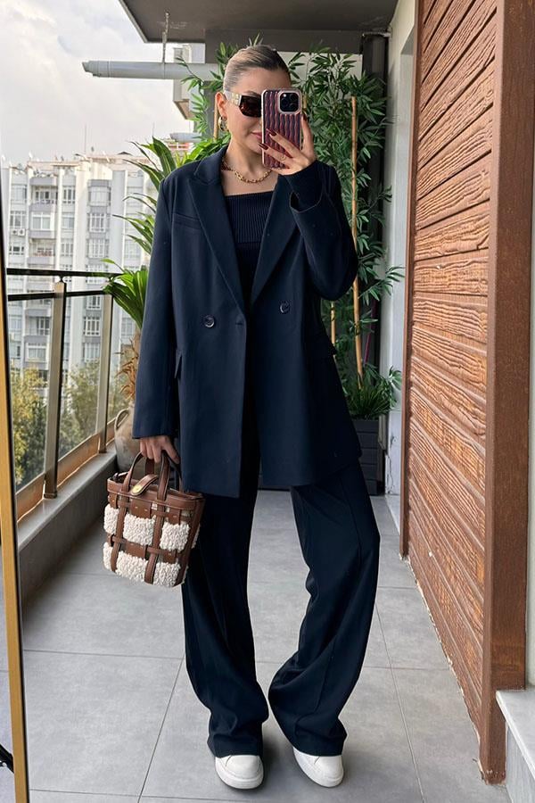 Mourosa Oversize Blazer Ceket - Lacivert