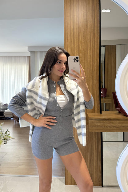 Moves Gri Bodysuit Hırka Şort Triko Takım