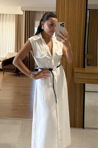 Movie Beyaz Kemerli Kolsuz Elbise