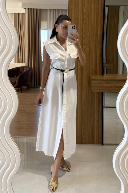 Movie Beyaz Kemerli Kolsuz Elbise