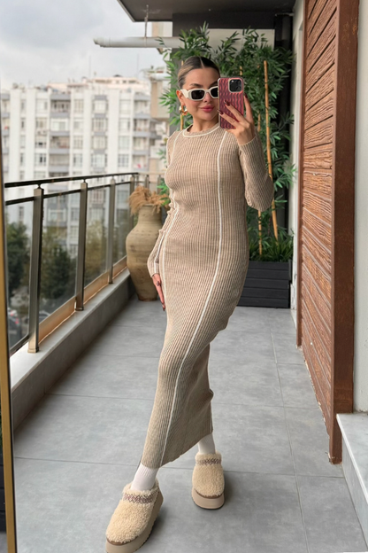 Muito Şeritli Karamel Triko Elbise