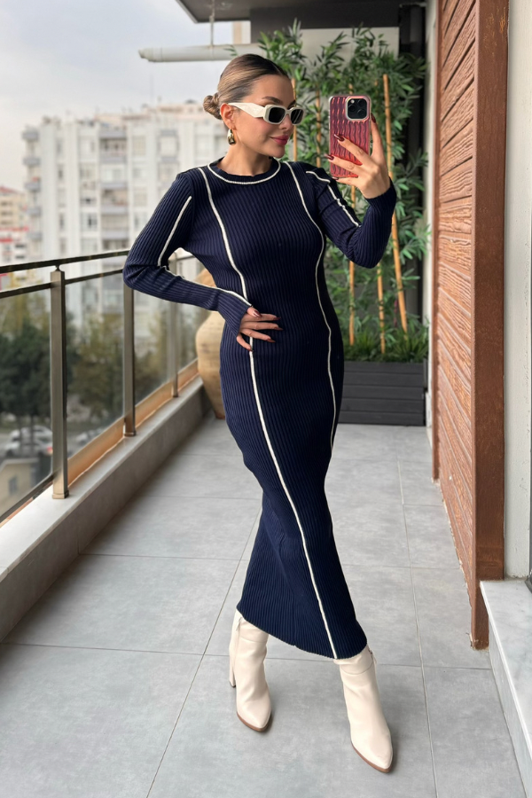 Muito Şeritli Lacivert Triko Elbise