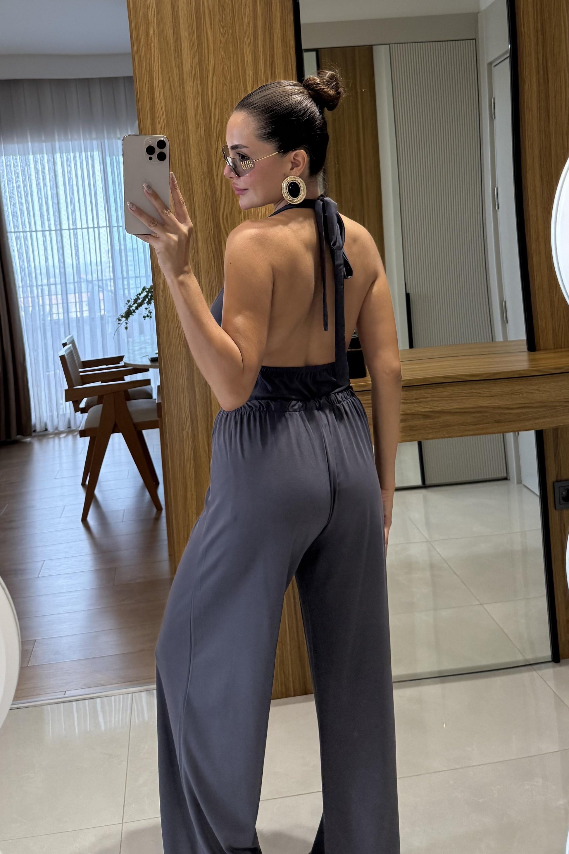 Mummy Antrasit Halter Yaka Dökümlü Bluz Pantolon Takım