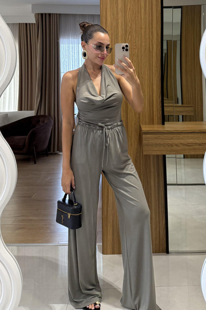 Mummy Haki Halter Yaka Dökümlü Bluz Pantolon Takım