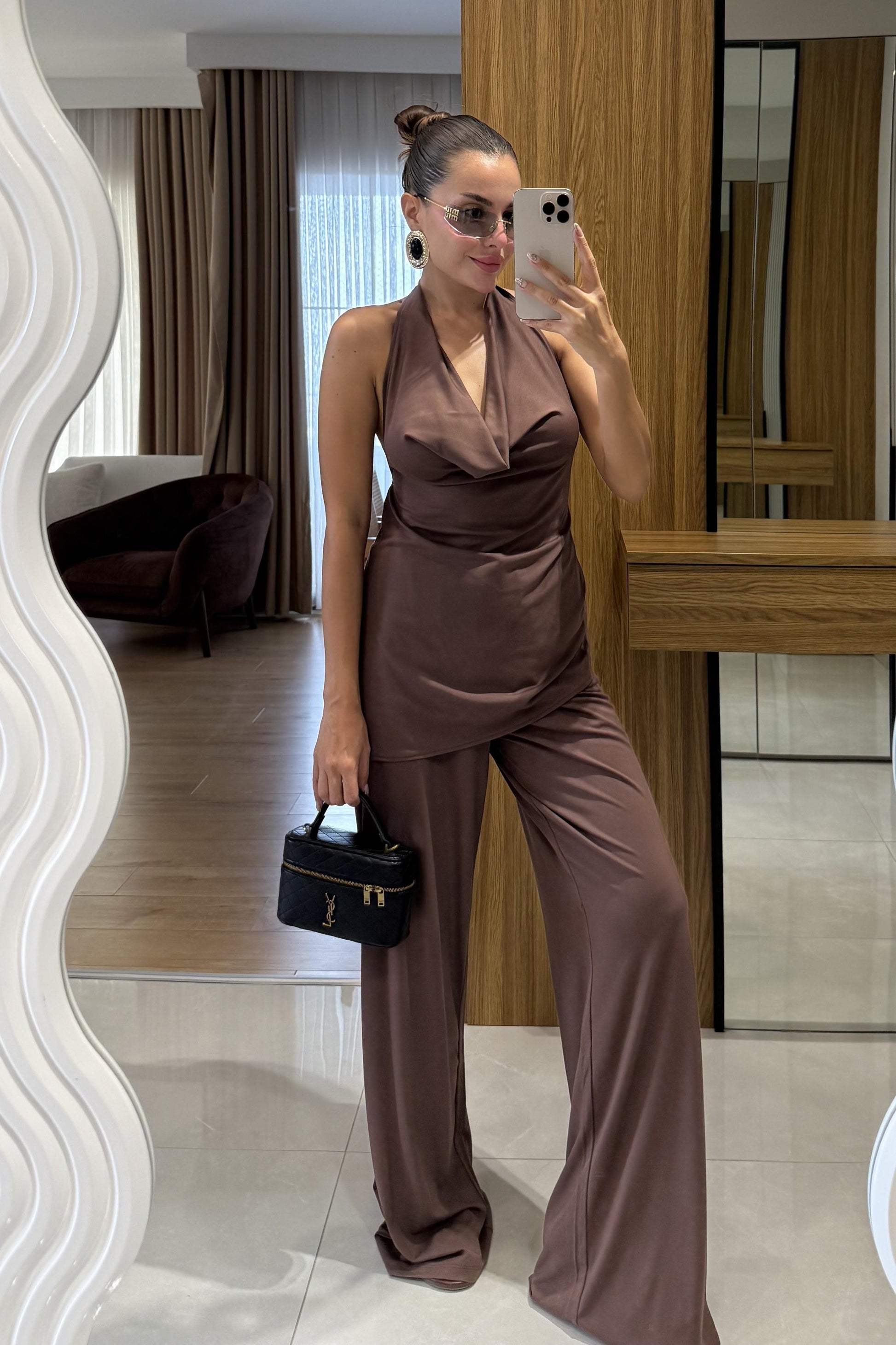 Mummy Kahve Halter Yaka Dökümlü Bluz Pantolon Takım