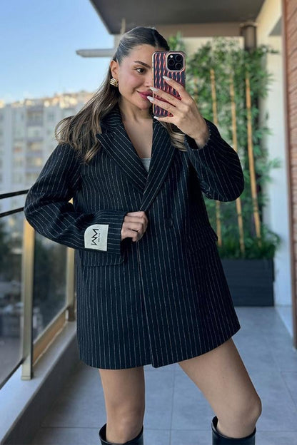 MW Çizgili Blazer Ceket - Siyah