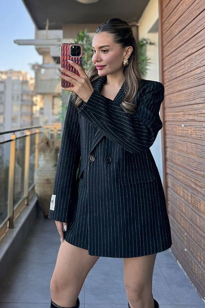 MW Çizgili Blazer Ceket - Siyah