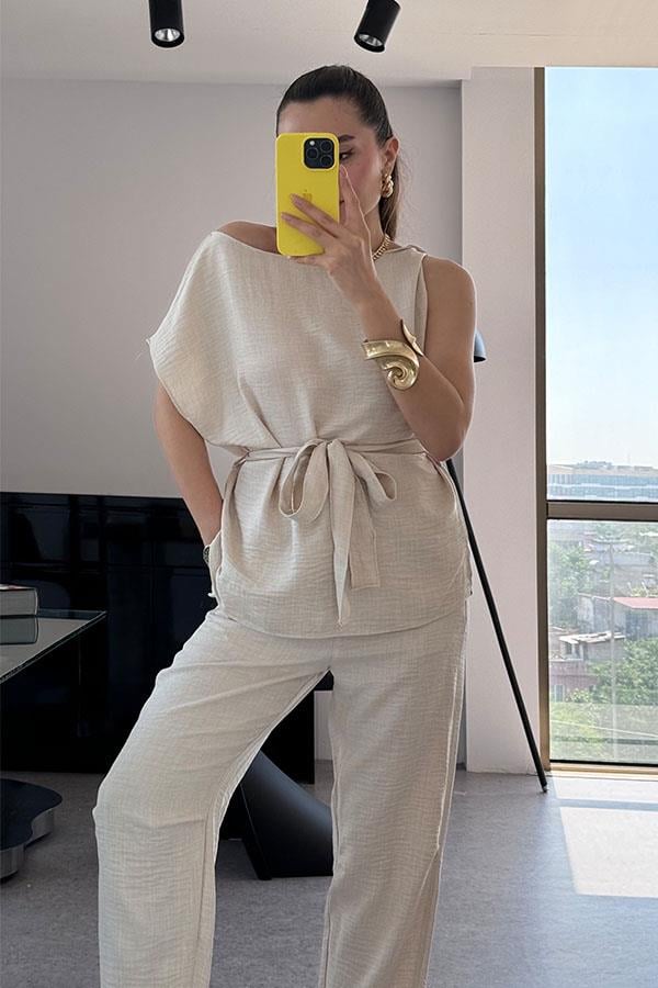 Myra Keten Omzu Düşük Takım-Ekru