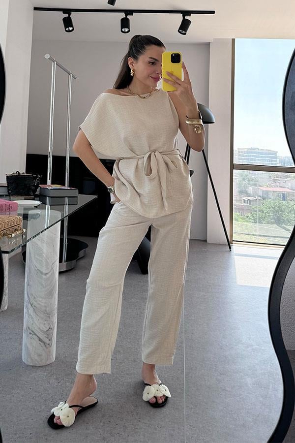 Myra Keten Omzu Düşük Takım-Ekru