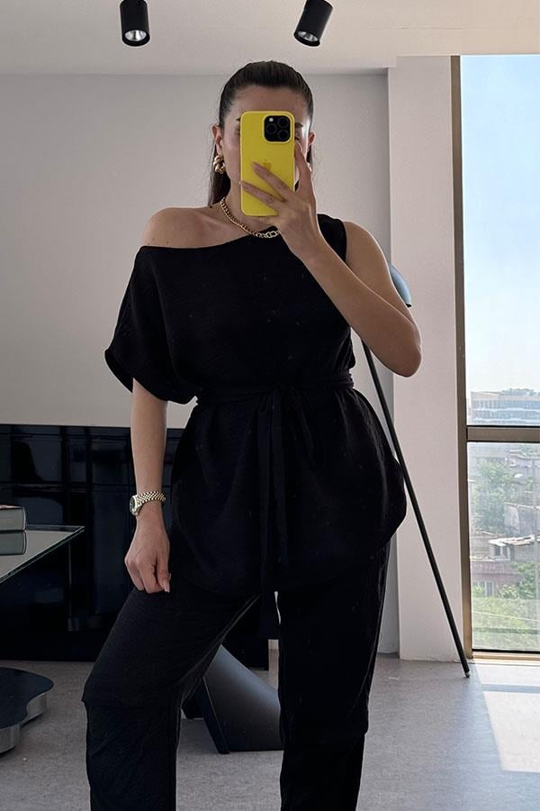 Myra Keten Omzu Düşük Takım-Siyah