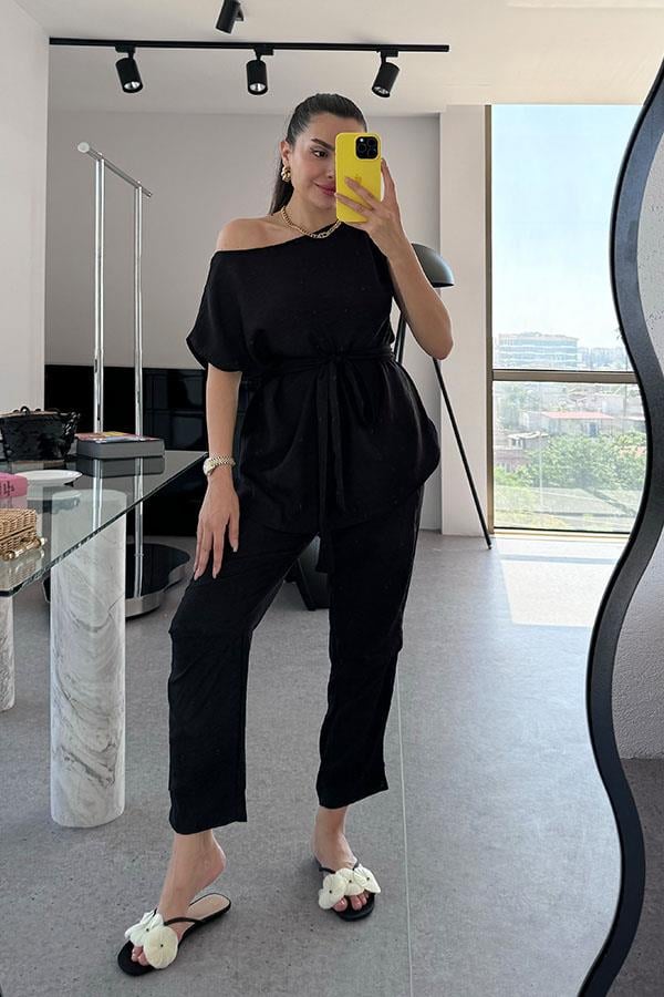 Myra Keten Omzu Düşük Takım-Siyah