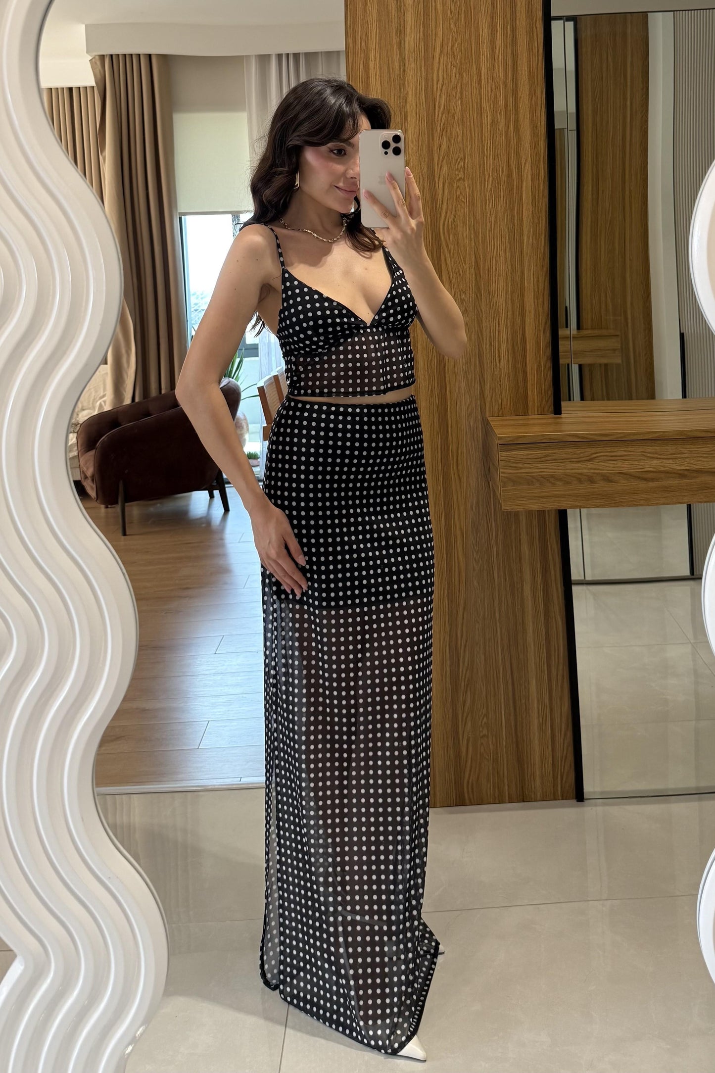 Myraze Puantiyeli Astarlı Etek Bluz Takım