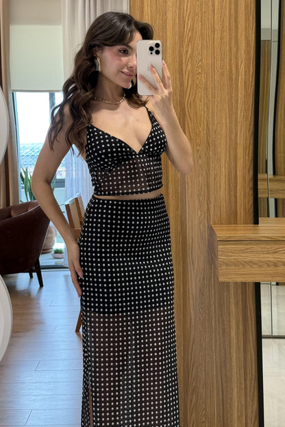 Myraze Puantiyeli Astarlı Etek Bluz Takım