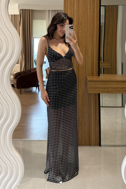 Myraze Puantiyeli Astarlı Etek Bluz Takım