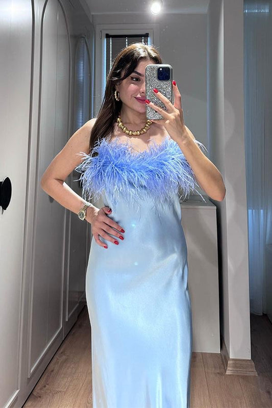 Myron Tüy Detaylı Saten Elbise-Bebe Mavi