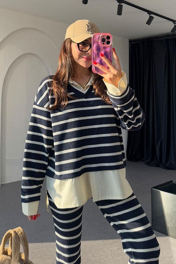 Mysie Koyu Lacivert Şeritli Triko Takım
