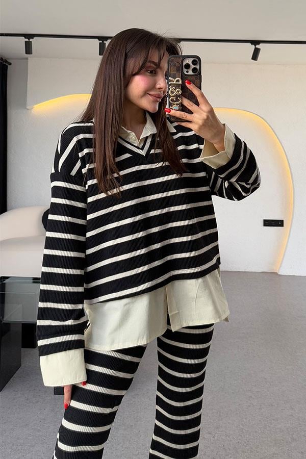 Mysie Siyah Şeritli Triko Takım