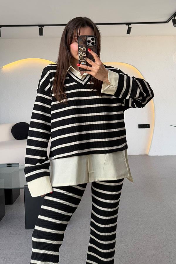 Mysie Siyah Şeritli Triko Takım