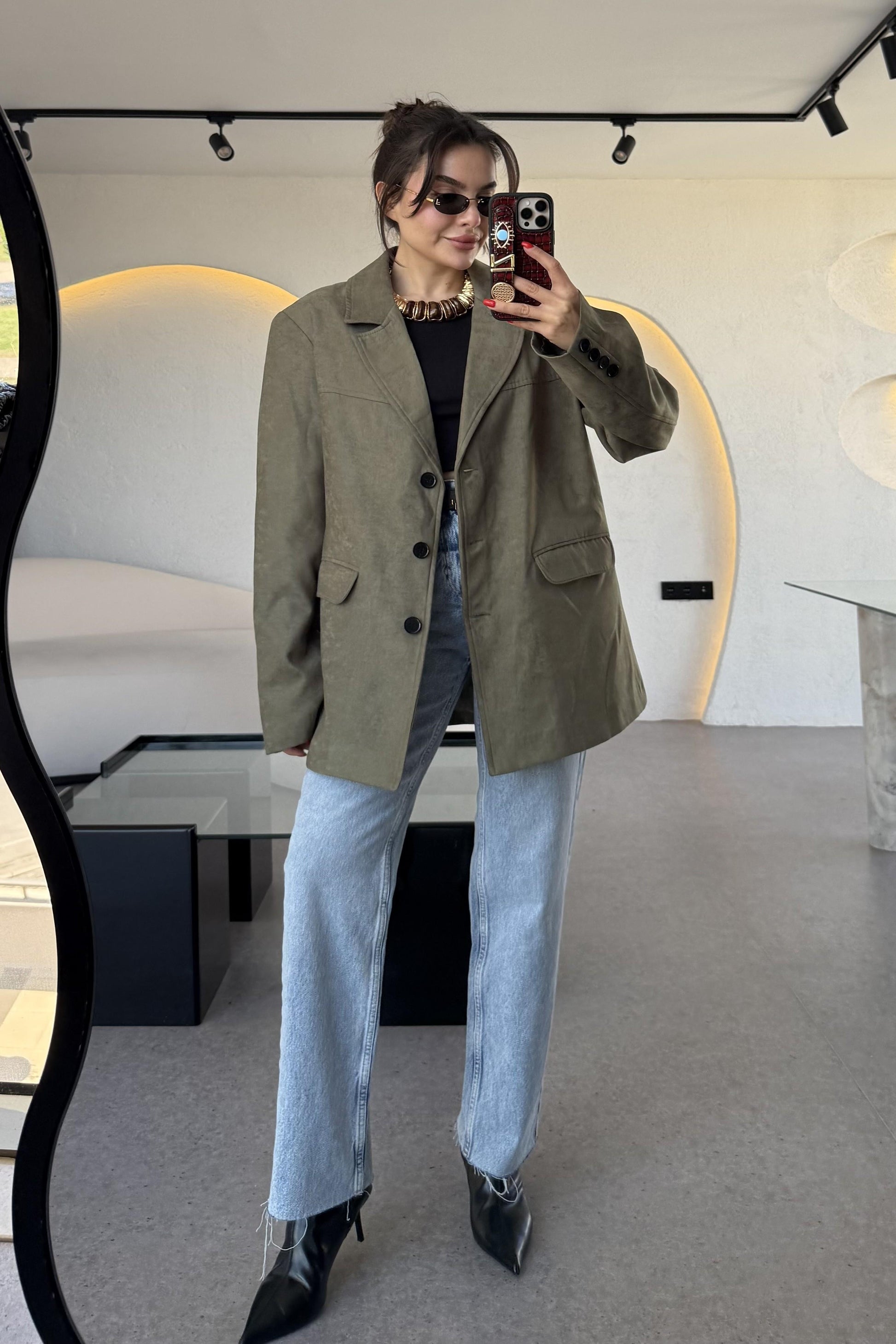 Nadia Haki Süet Vatkalı Blazer Ceket