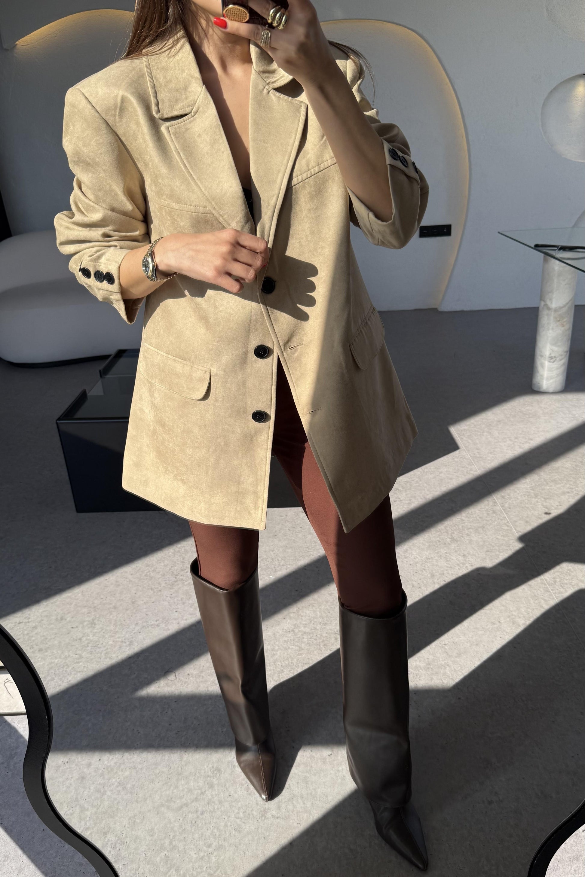 Nadia Krem Süet Vatkalı Blazer Ceket