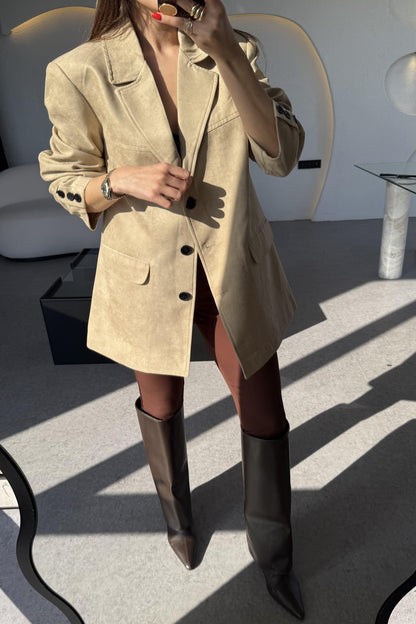 Nadia Krem Süet Vatkalı Blazer Ceket