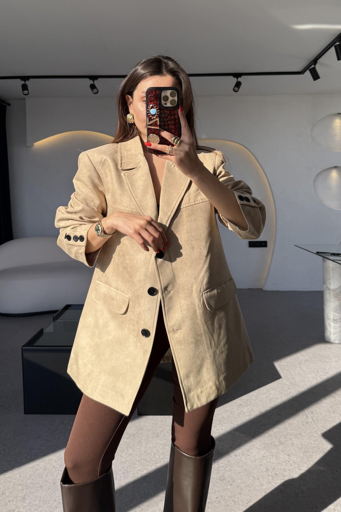 Nadia Krem Süet Vatkalı Blazer Ceket