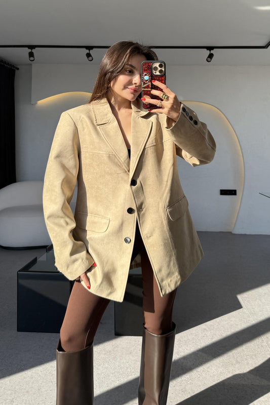 Nadia Krem Süet Vatkalı Blazer Ceket