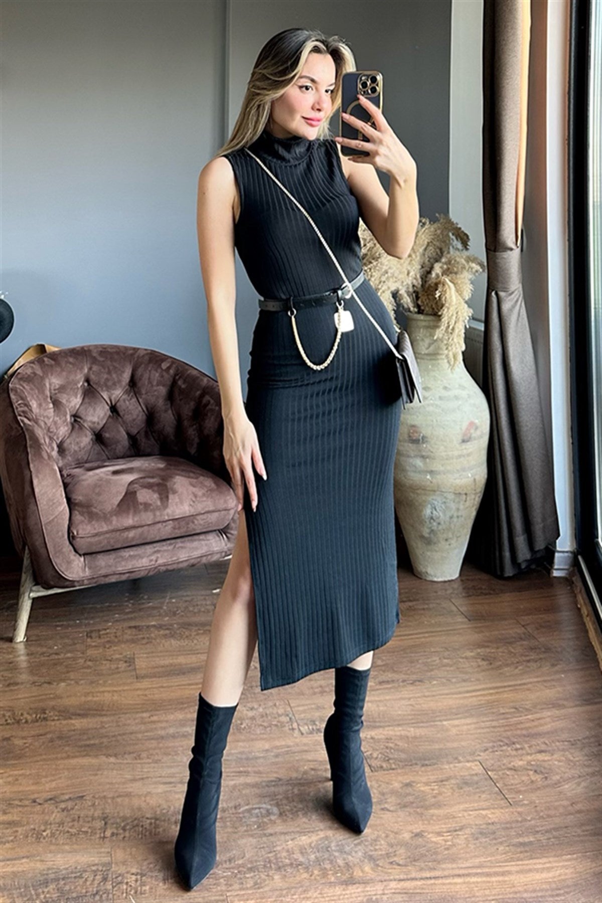 Nakd sıfır kol fitilli siyah triko elbise