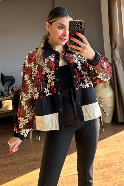 Nakış işlemeli çiçekli tül tasarım ceket