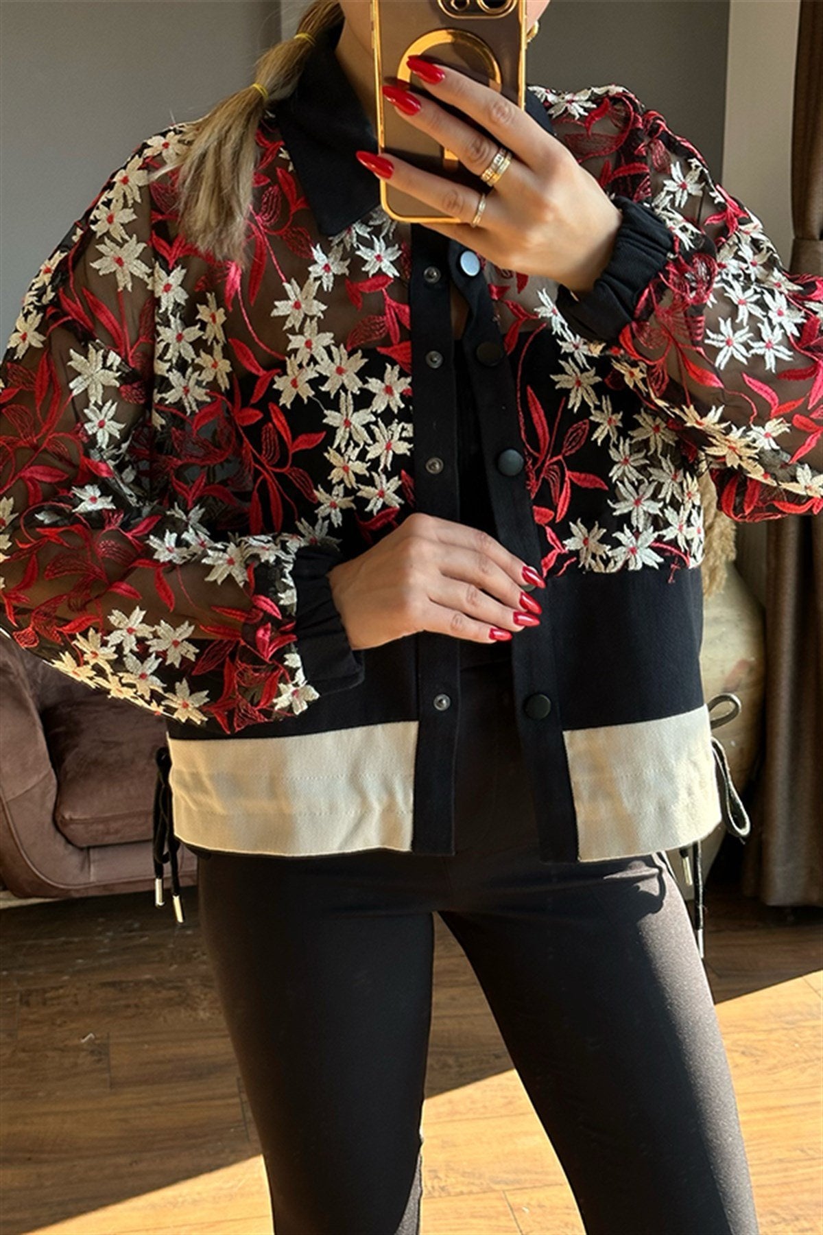 Nakış işlemeli çiçekli tül tasarım ceket