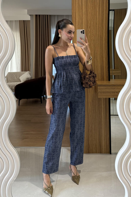 Naomi Çiçek Desenli İkili Denim Takım