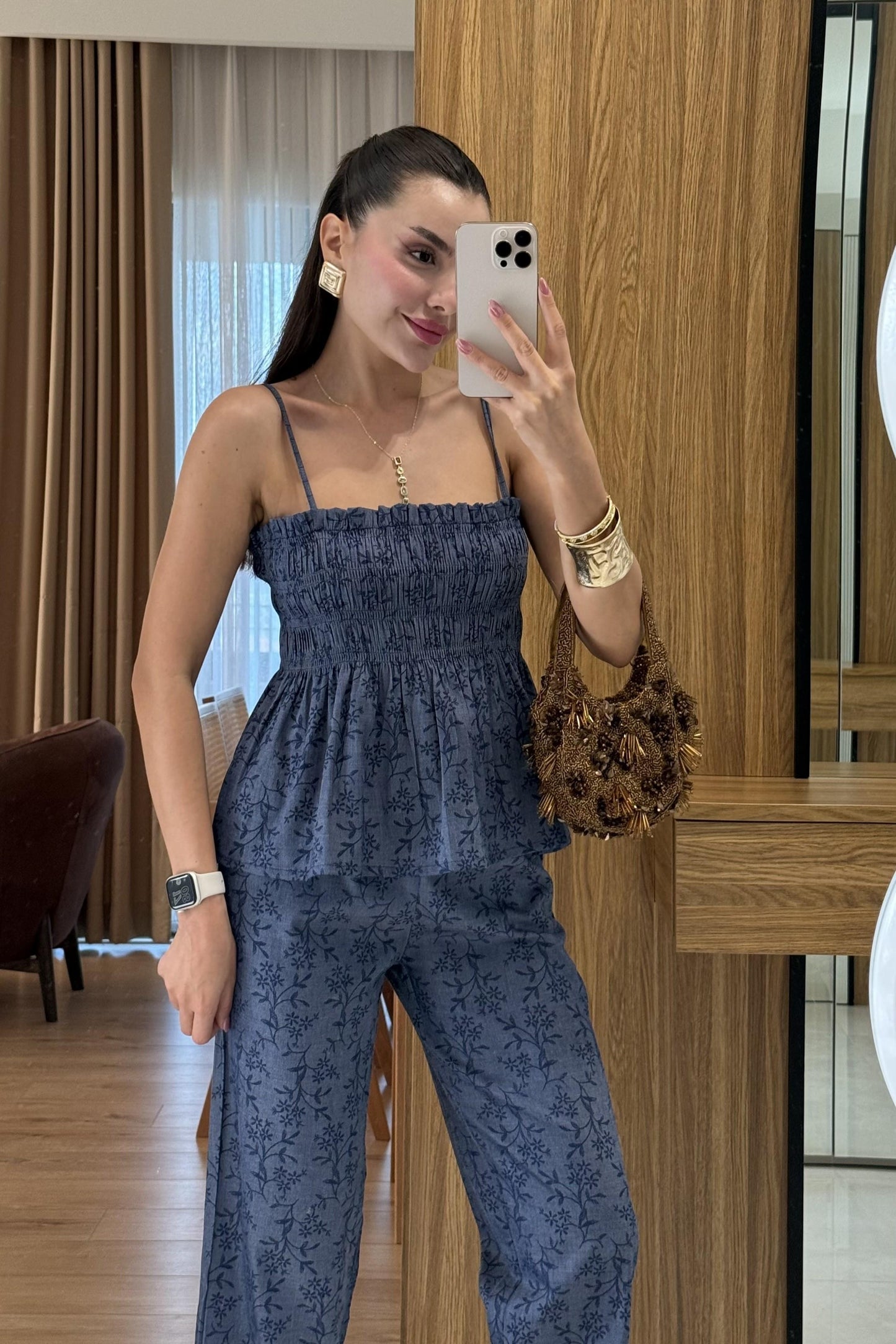 Naomi Çiçek Desenli İkili Denim Takım
