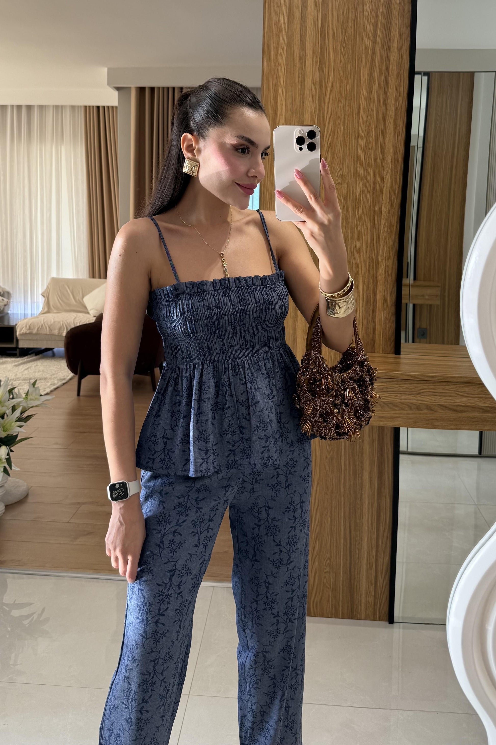 Naomi Çiçek Desenli İkili Denim Takım