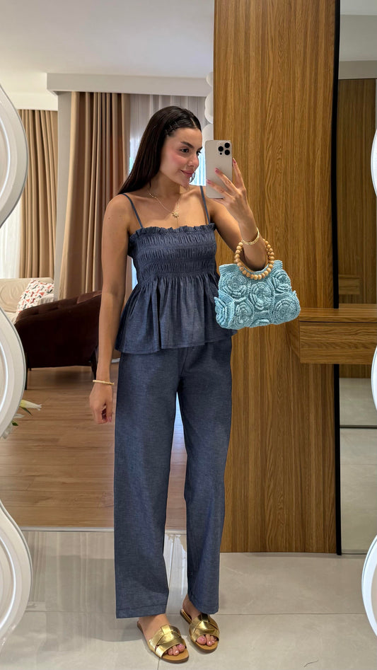 Naomi Düz Renk İkili Denim Takım