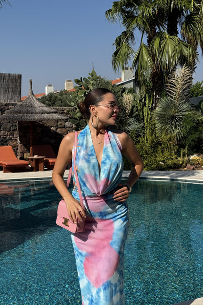 Layla Mavi Desenli Sırt Dekolteli Elbise