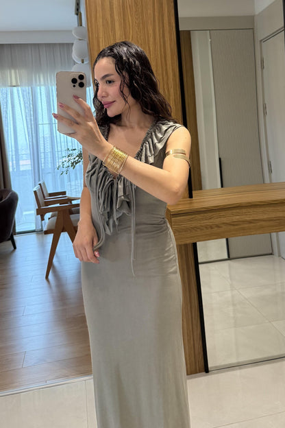 Nasci Haki Önden Fırfırlı Uzun Elbise