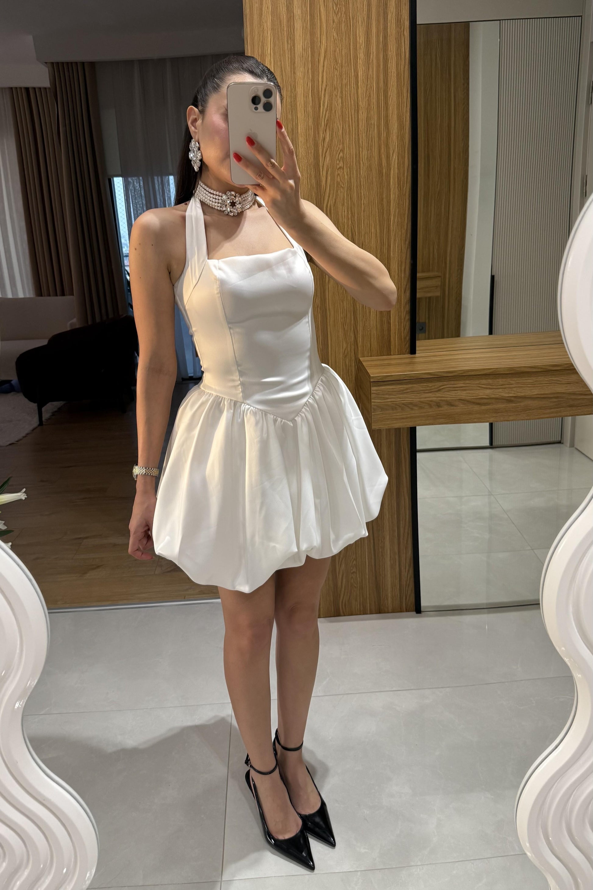 Natalie Beyaz Tasarım Mini Jose Saten Elbise