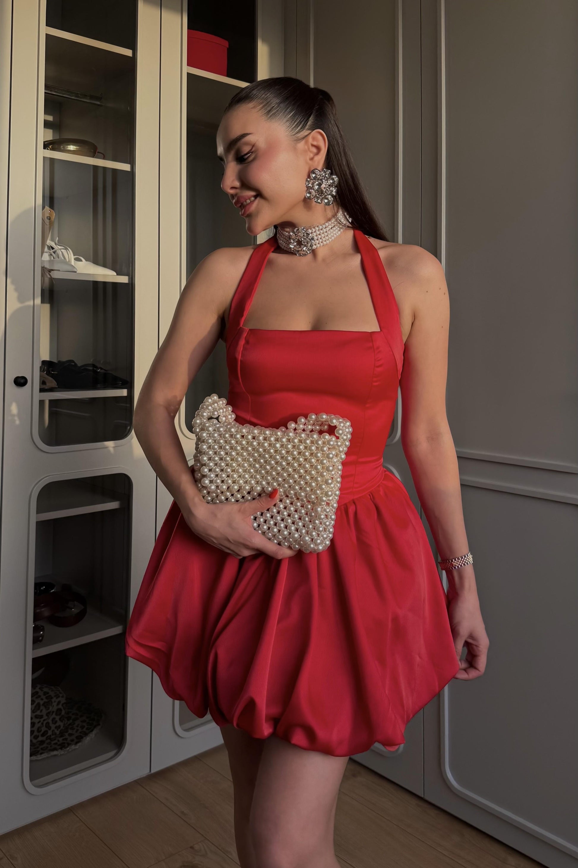 Natalie Kırmızı Tasarım Mini Jose Saten Elbise