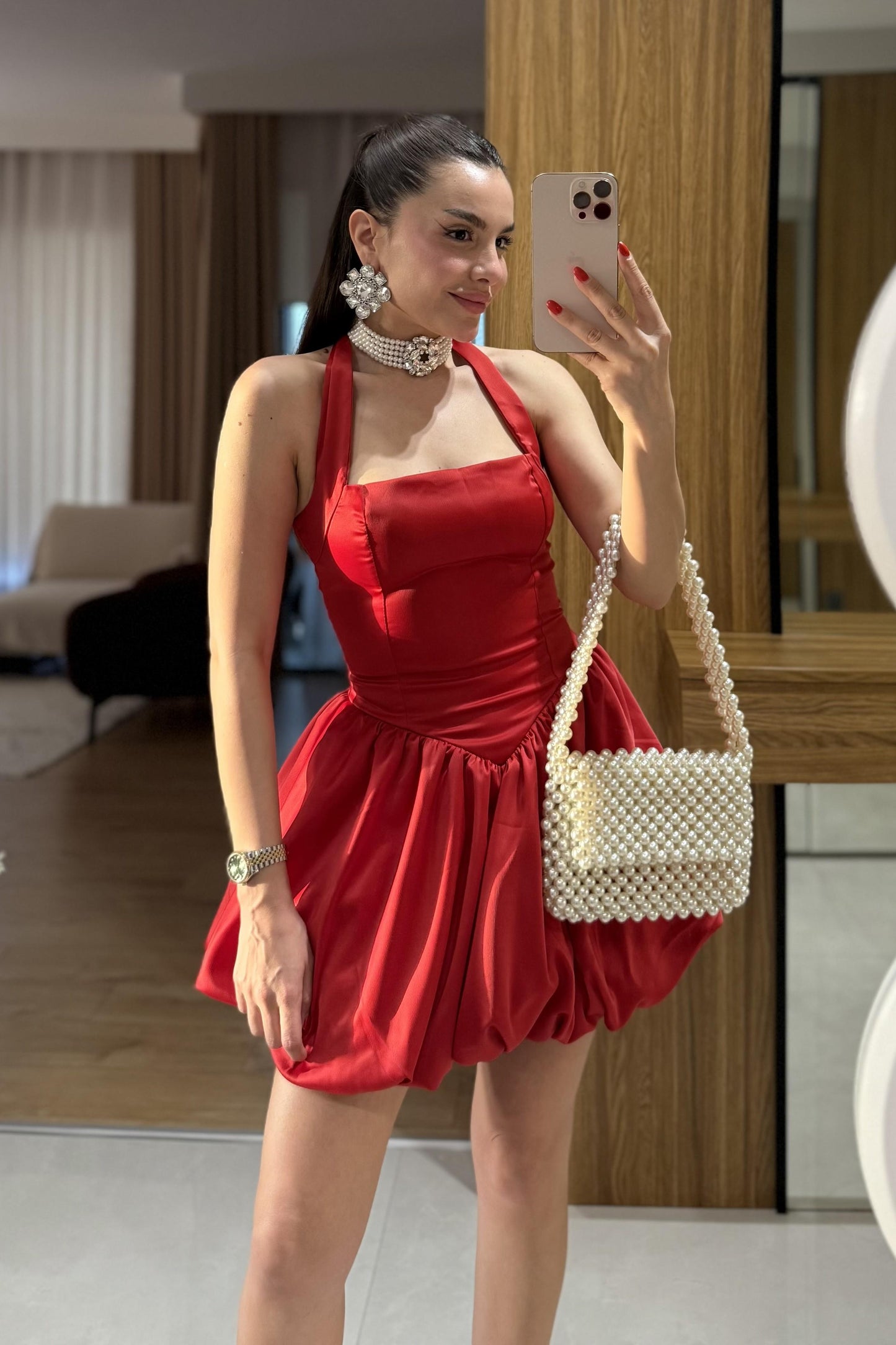 Natalie Kırmızı Tasarım Mini Jose Saten Elbise