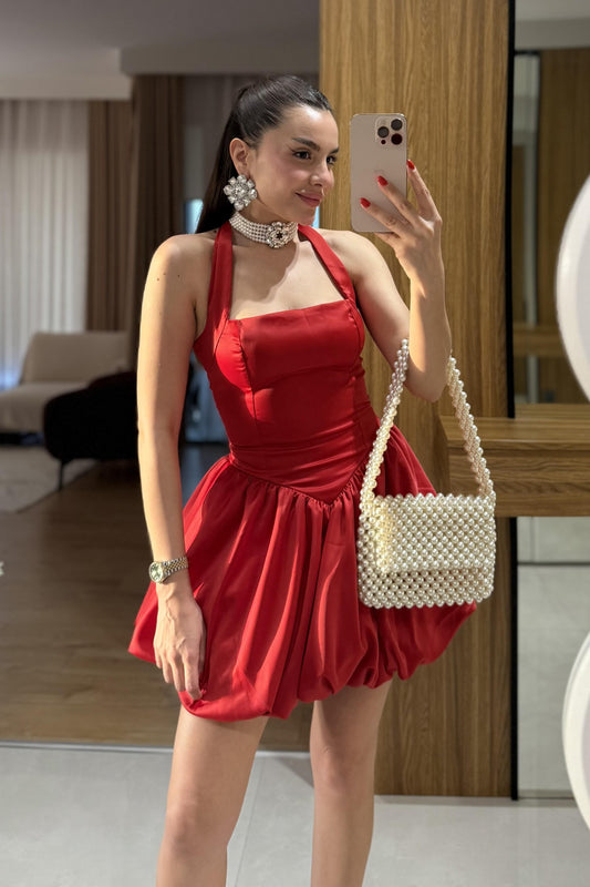 Natalie Kırmızı Tasarım Mini Jose Saten Elbise