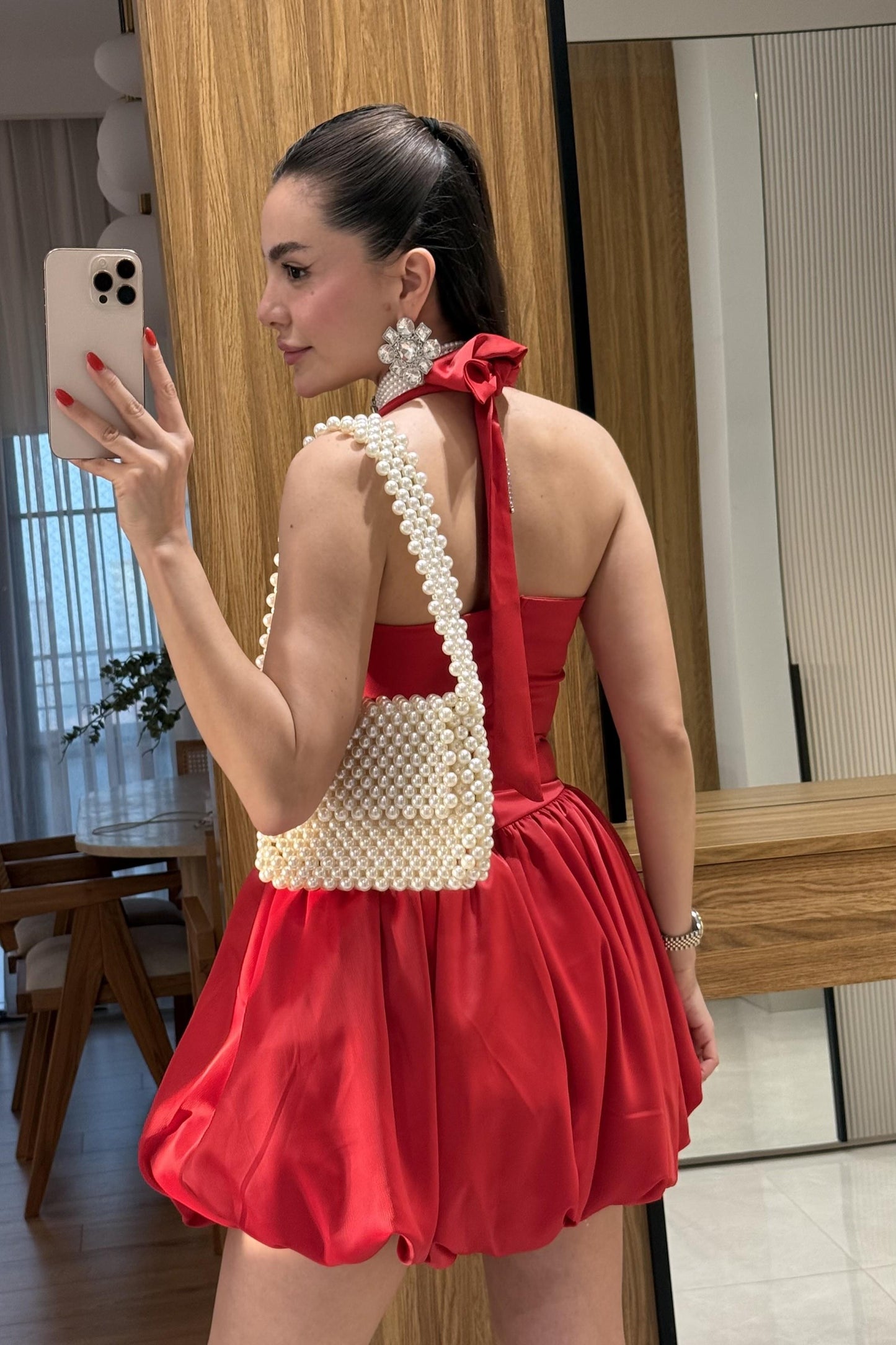 Natalie Kırmızı Tasarım Mini Jose Saten Elbise