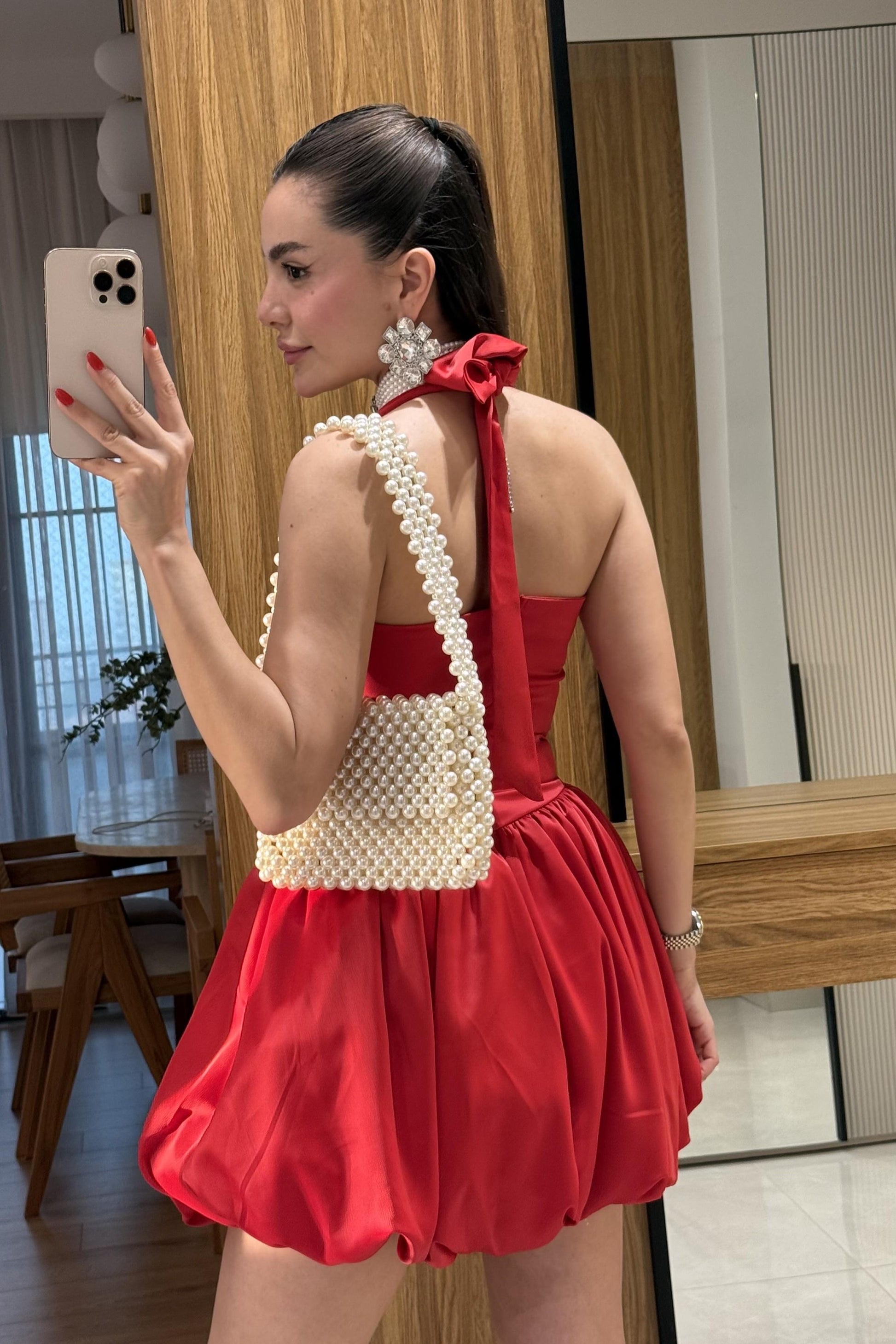 Natalie Kırmızı Tasarım Mini Jose Saten Elbise