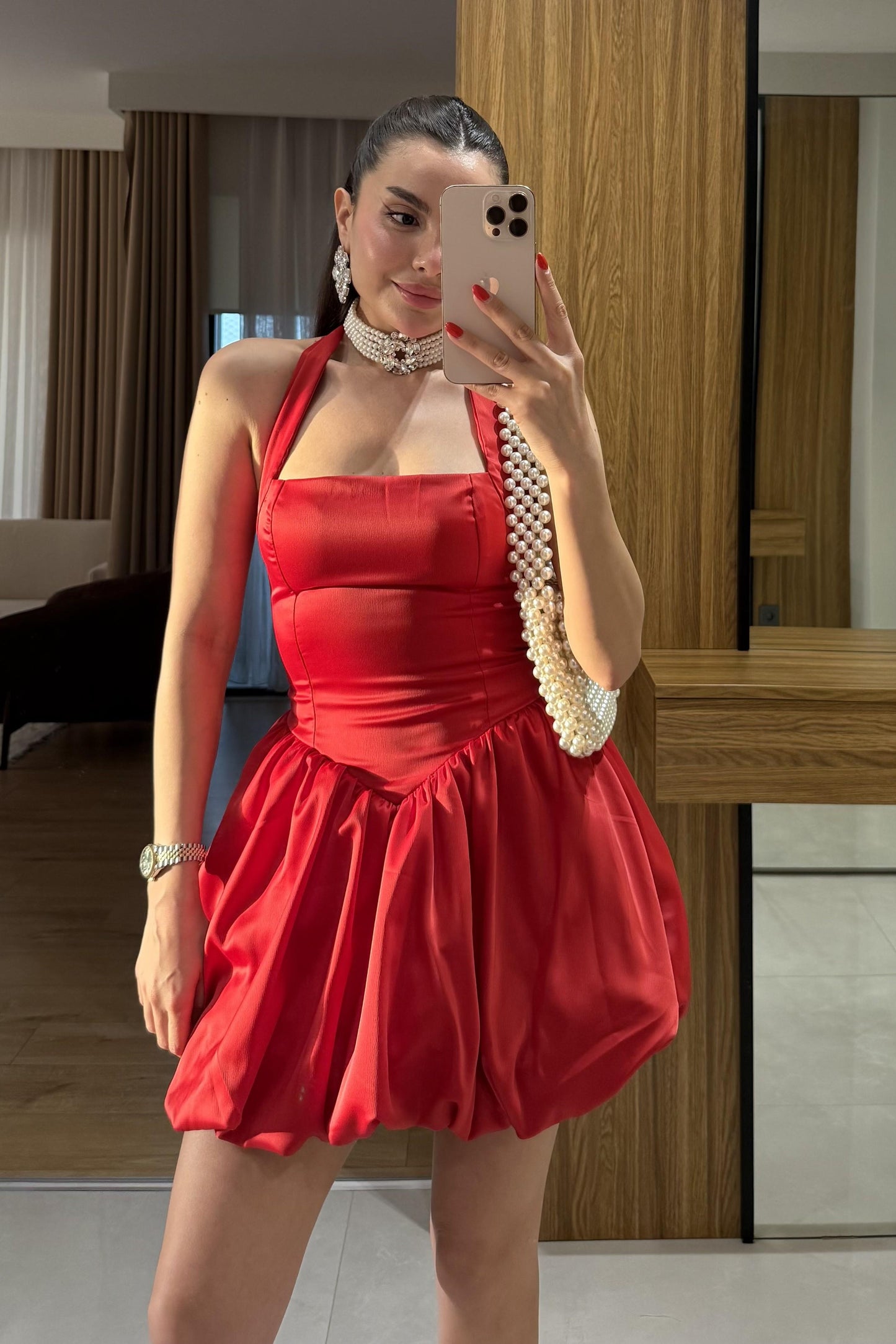 Natalie Kırmızı Tasarım Mini Jose Saten Elbise