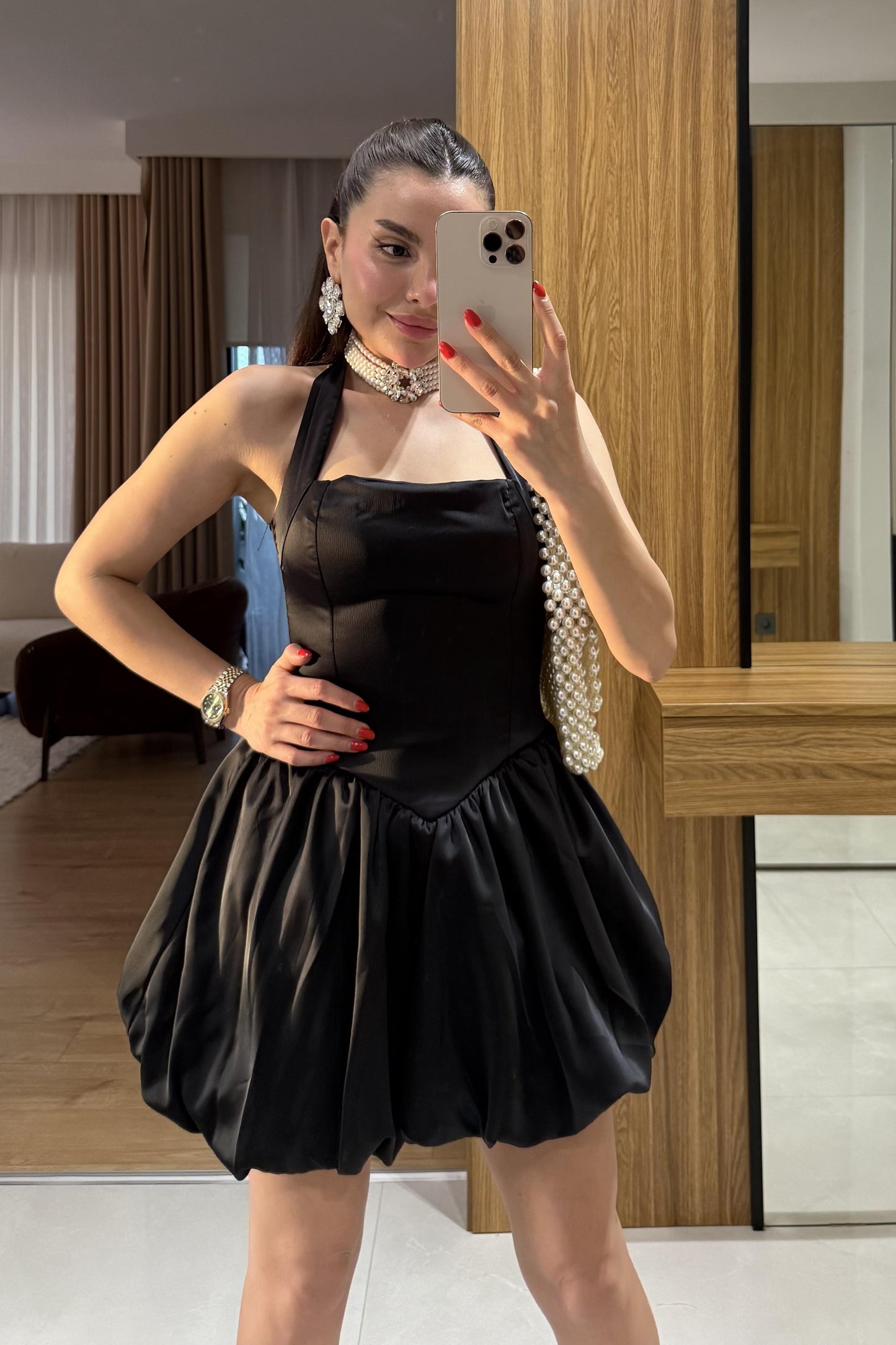 Natalie Siyah Tasarım Mini Jose Saten Elbise