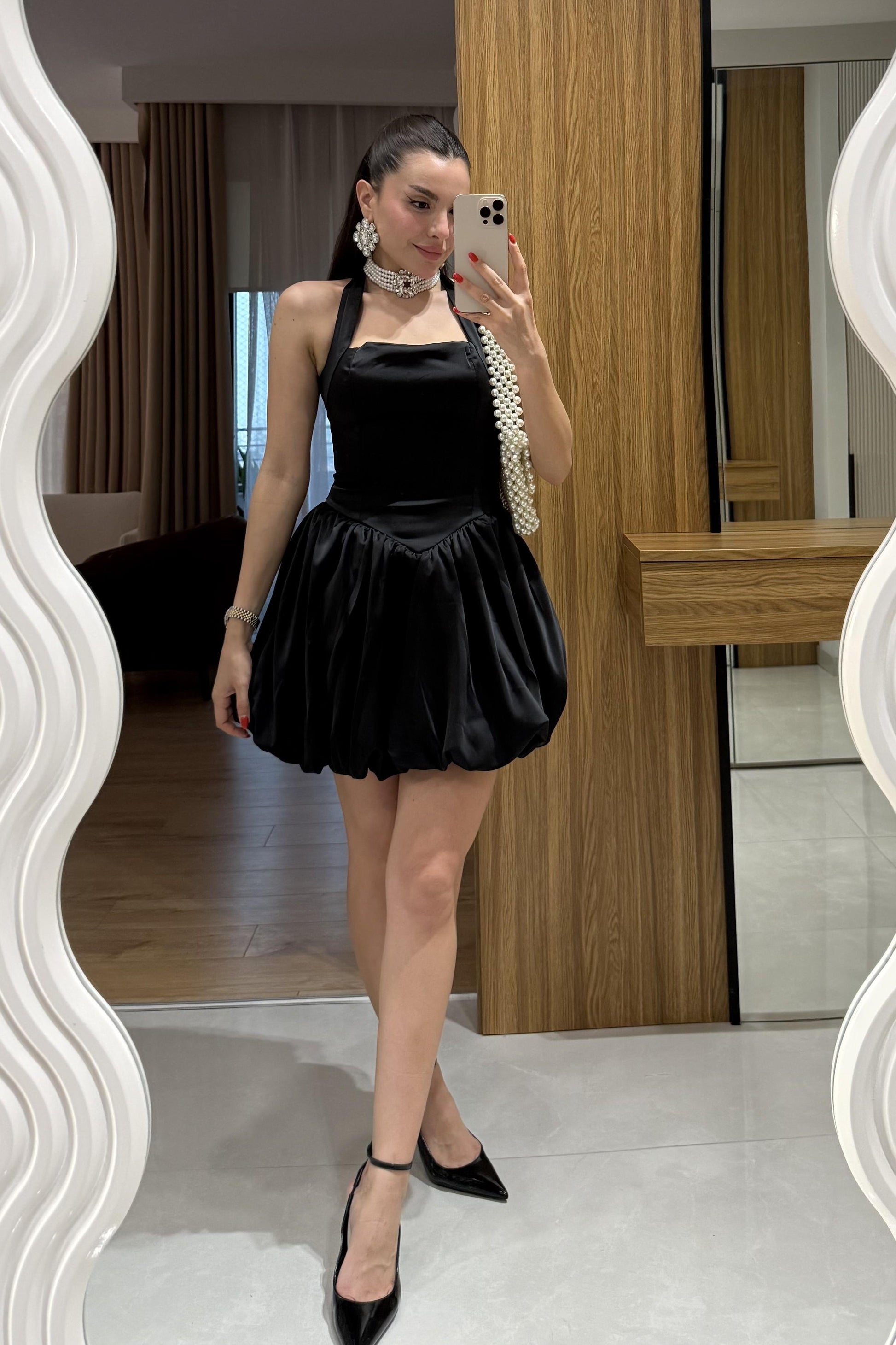 Natalie Siyah Tasarım Mini Jose Saten Elbise