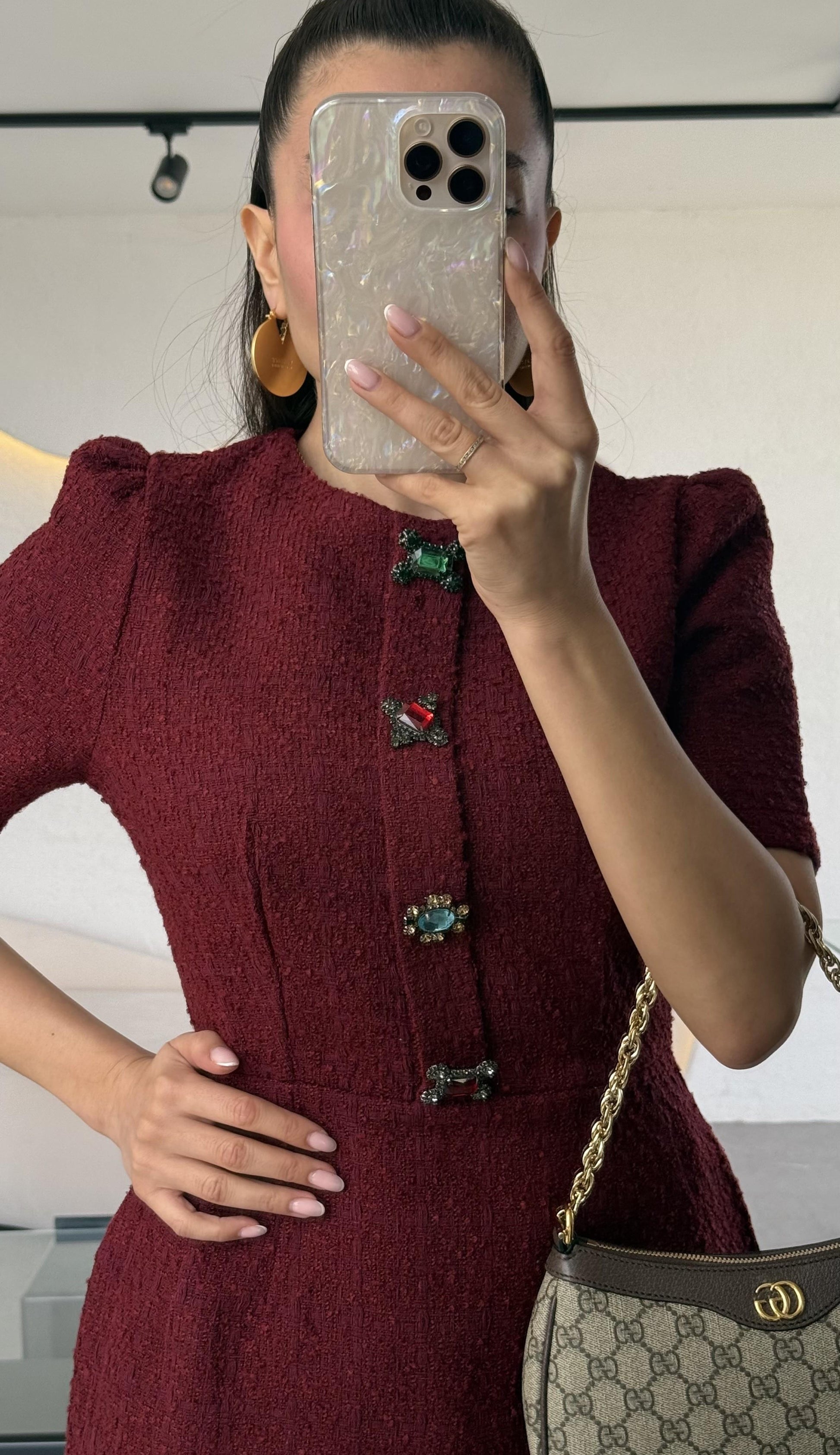 Nataly Bordo Tüvit Taşlı Düğmeli Elbise