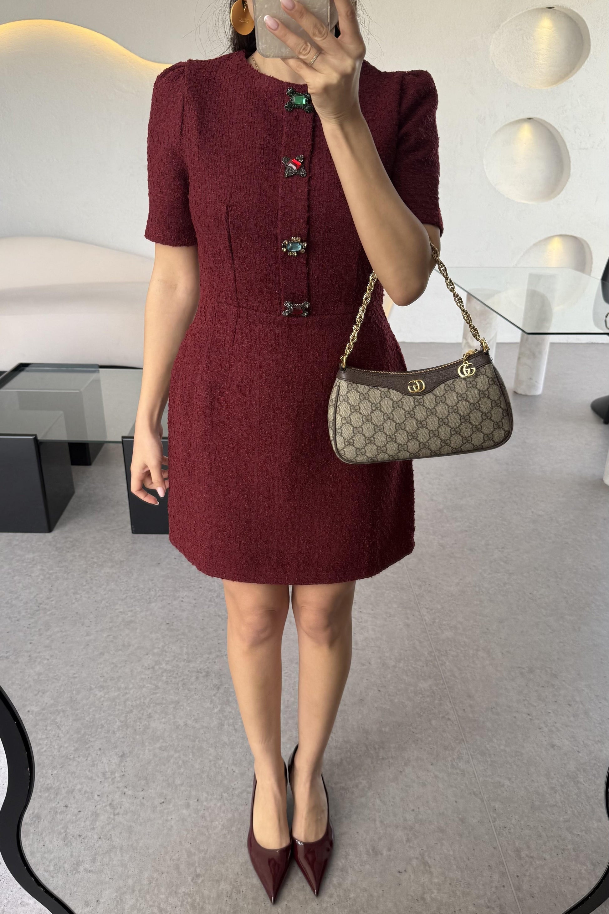 Nataly Bordo Tüvit Taşlı Düğmeli Elbise