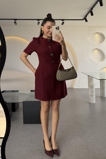 Nataly Bordo Tüvit Taşlı Düğmeli Elbise