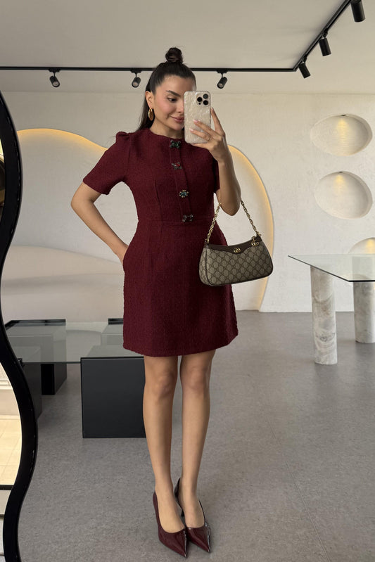 Nataly Bordo Tüvit Taşlı Düğmeli Elbise